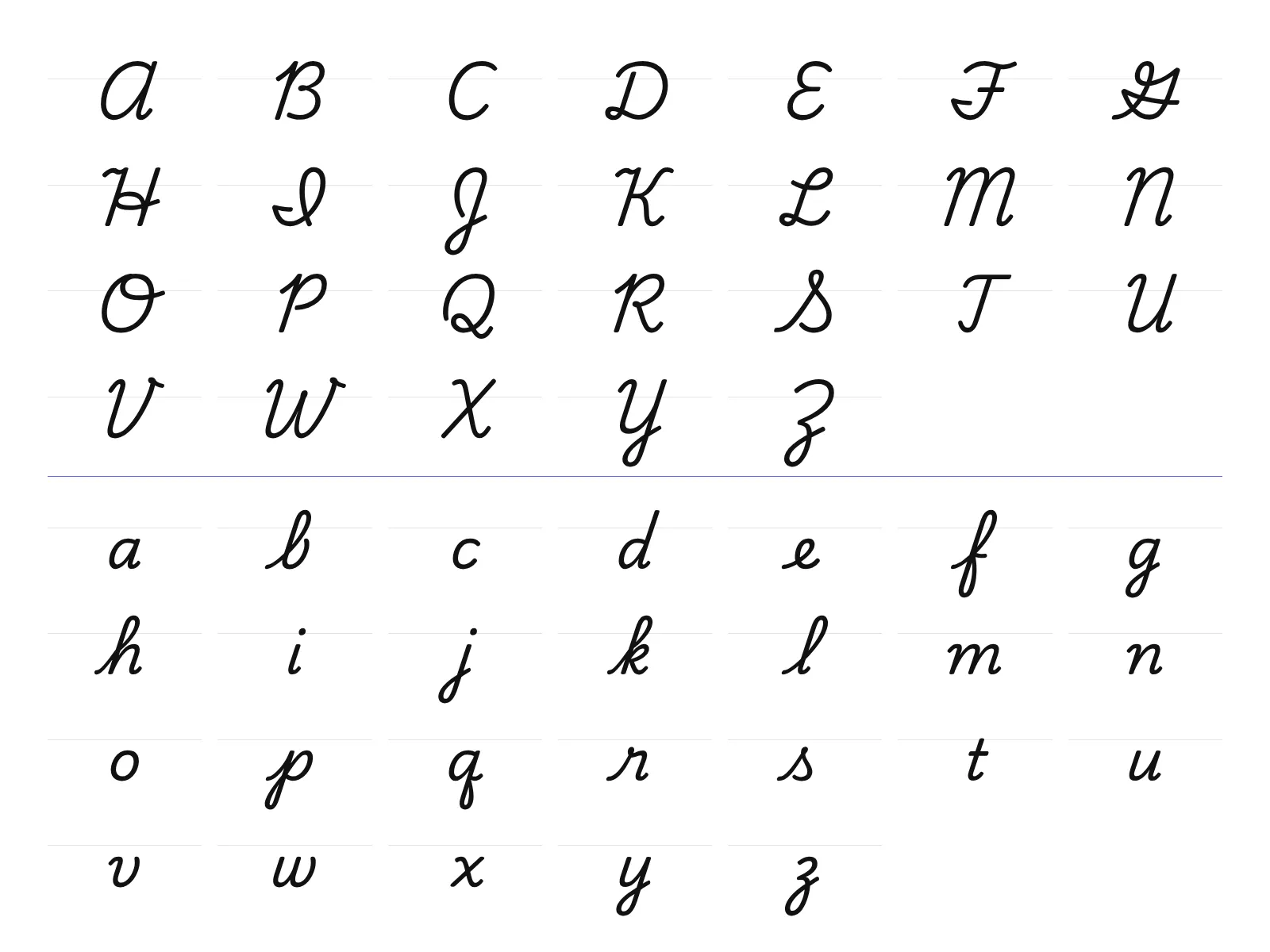 Chart of the cursive alphabet showing all 26 capital letters and all 26 lowercase letters on handwriting guide lines.