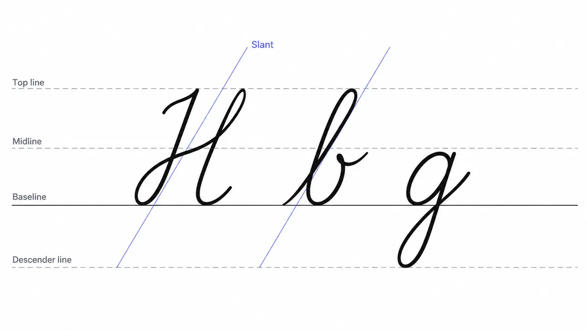 Handwriting guide with four labelled lines (top line, midline, baseline, descender line) and a slanted guide, with three cursive letters sitting on them.