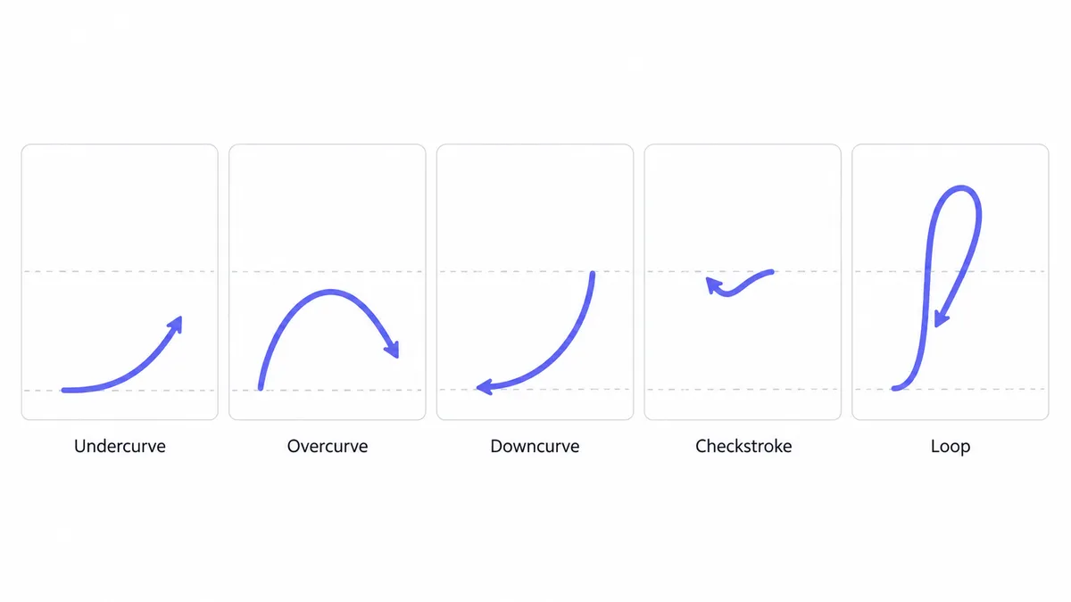 Five basic cursive strokes drawn as arrows on guide lines: undercurve, overcurve, downcurve, checkstroke and loop.