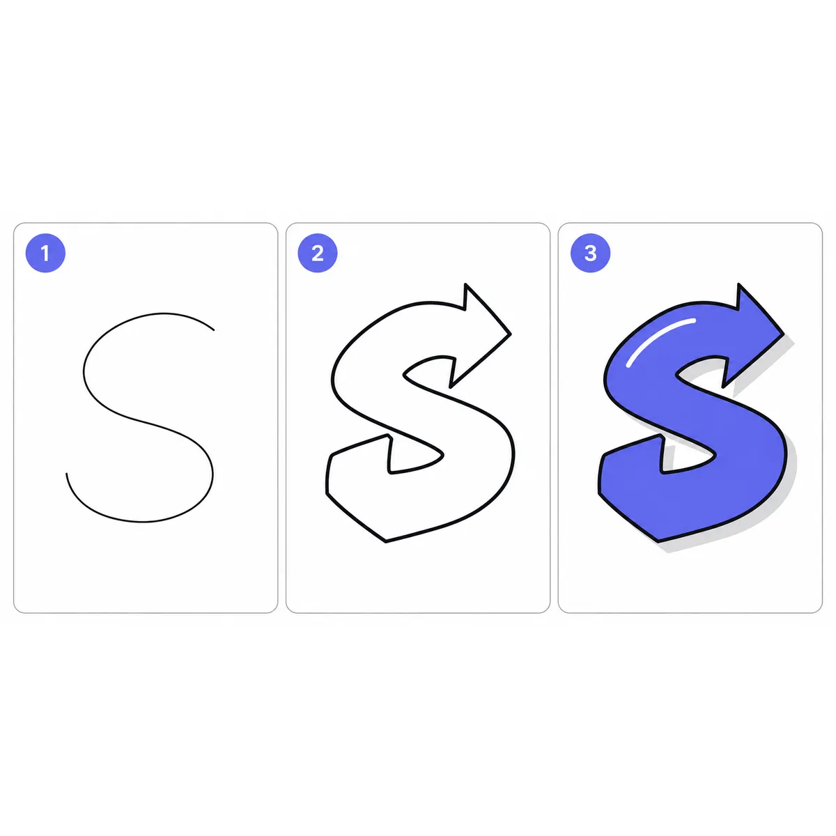 Three panels showing the letter S drawn as graffiti: skeleton, outlined shape with arrow ends, then filled letter with a highlight.