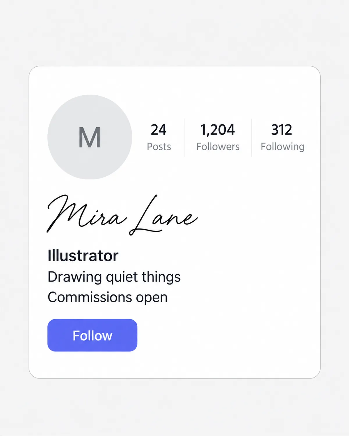 A generic profile card with a round avatar, a script-style name and a short bio mixing plain and bold styled text.