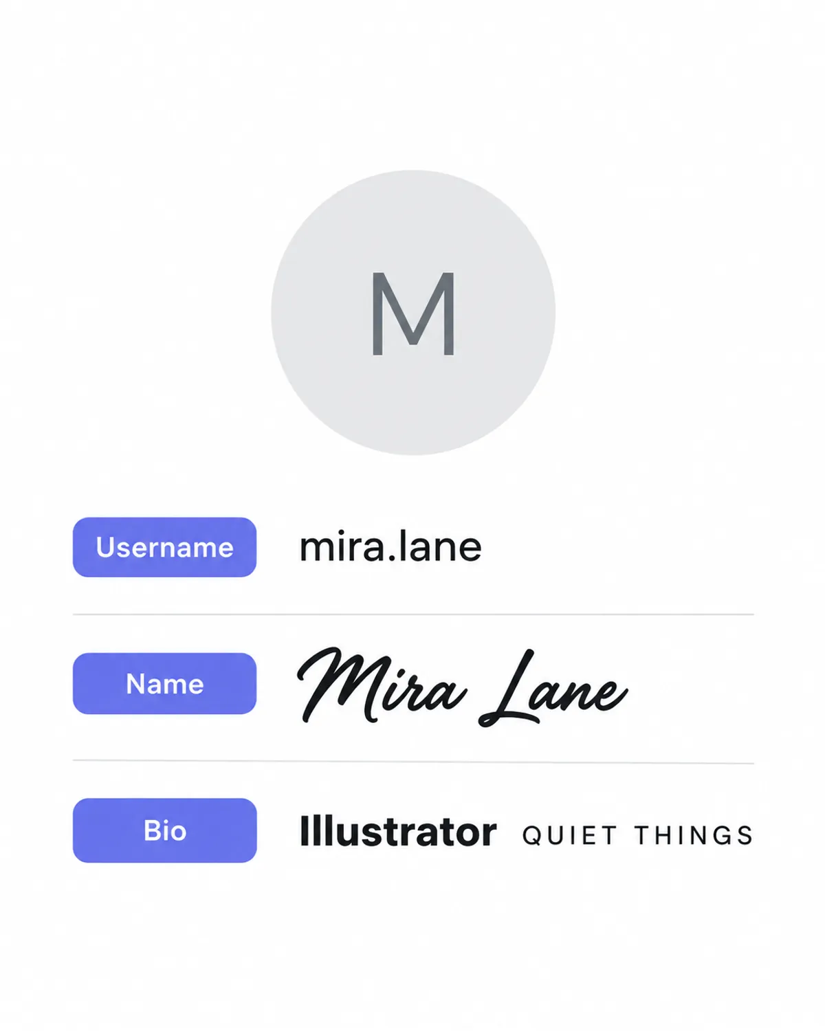 A generic centred profile with a plain username, a styled display name and a styled bio, each labelled.